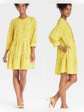 Who What Wear Yellow Leopard Print 3/4 Bishop Sleeve Dress Size Medium